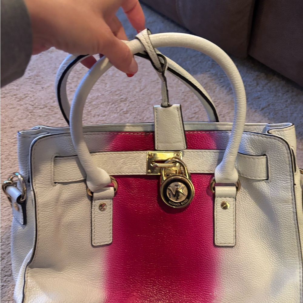 Michael Kors White and Pink Center-Stripe Leather Satchel